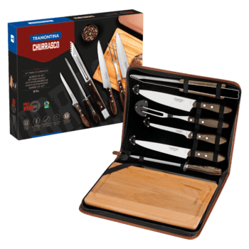 Tramontina Barbecue Kit with Stainless Steel Blades and Brown Polywood Wooden Handles, Board and 8-Piece Case