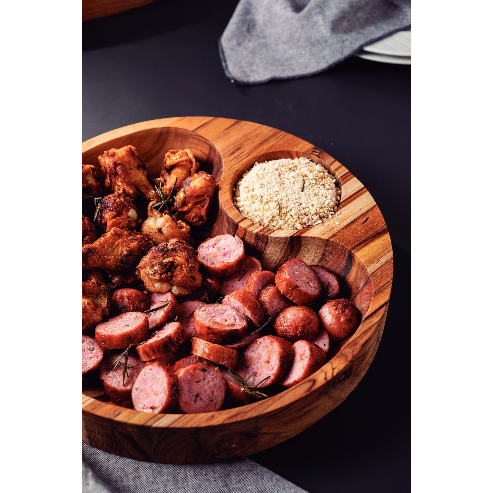 Tramontina Barbecue Snack Tray with Side Base in FSC Teak Wood and Mineral Oil Finish 31.5 x 31.5 cm