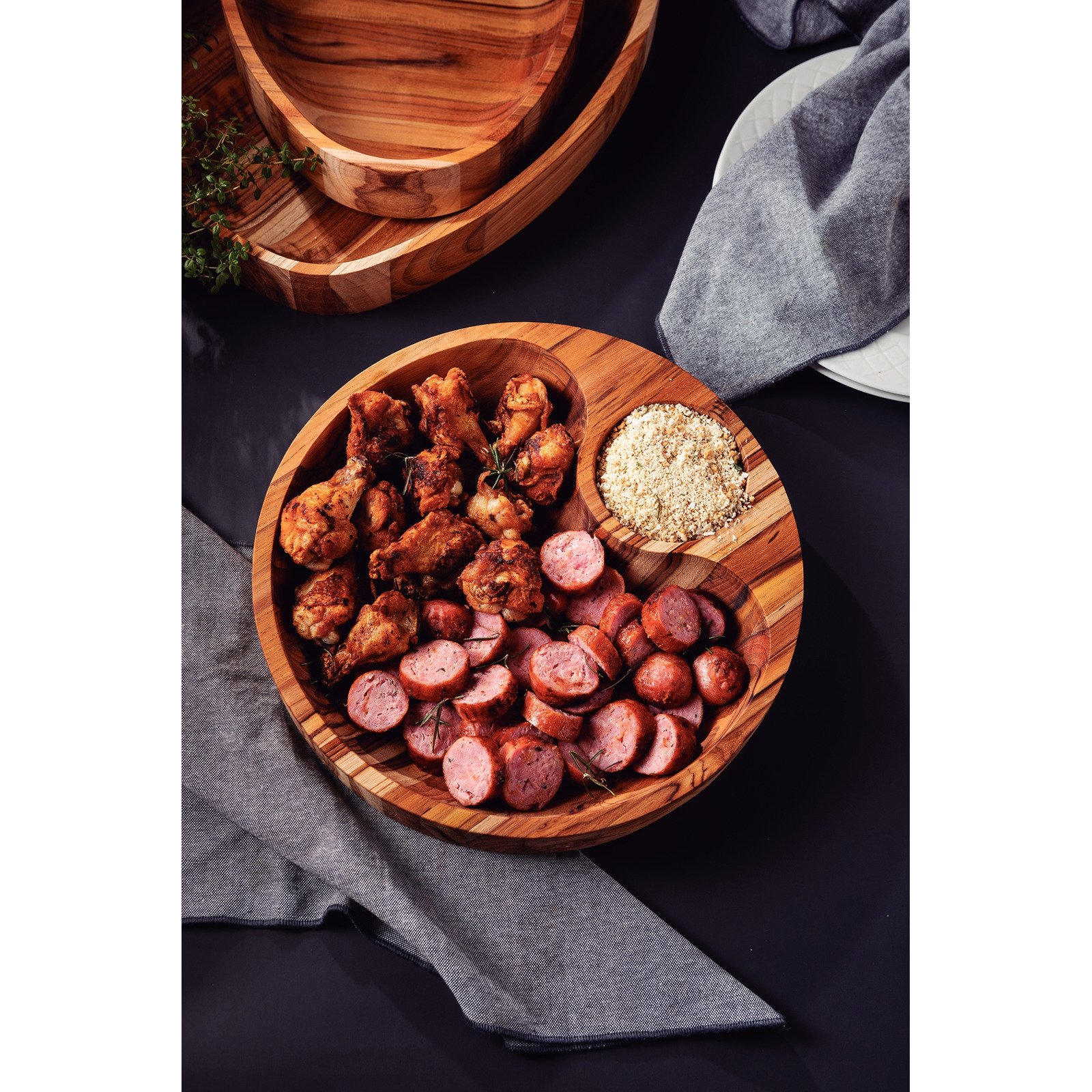 Tramontina Barbecue Snack Tray with Side Base in FSC Teak Wood and Mineral Oil Finish 31.5 x 31.5 cm