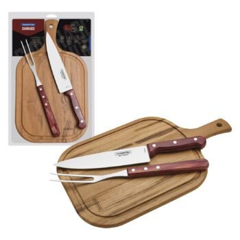 Tramontina barbecue set with stainless steel blades, red Polywood handle and wooden board, 3 pieces