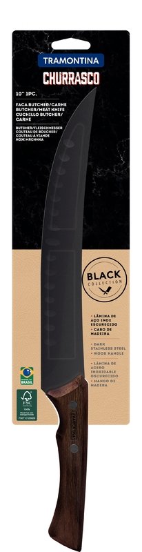 Tramontina Churrasco Black Steak Knife with Darkened Stainless Steel Blade and 10" Wooden Handle