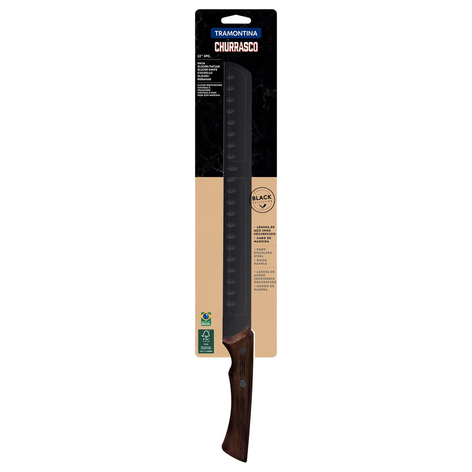 Tramontina Churrasco Black slicing knife with darkened stainless steel blade and wooden handle, 12"