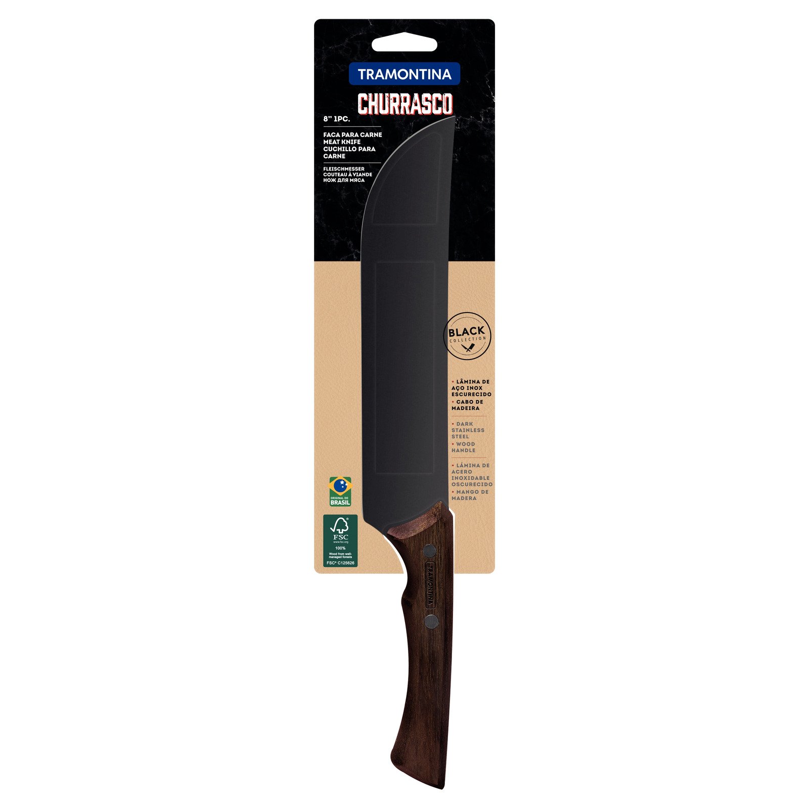 Tramontina Churrasco Black Steak Knife with Darkened Stainless Steel Blade and 8" Wooden Handle