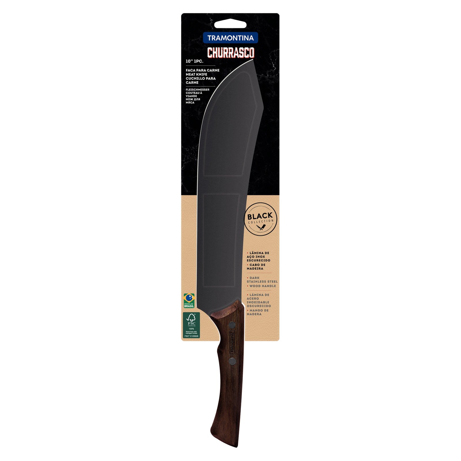Tramontina Churrasco Black Steak Knife with Darkened Stainless Steel Blade and 10" Wooden Handle