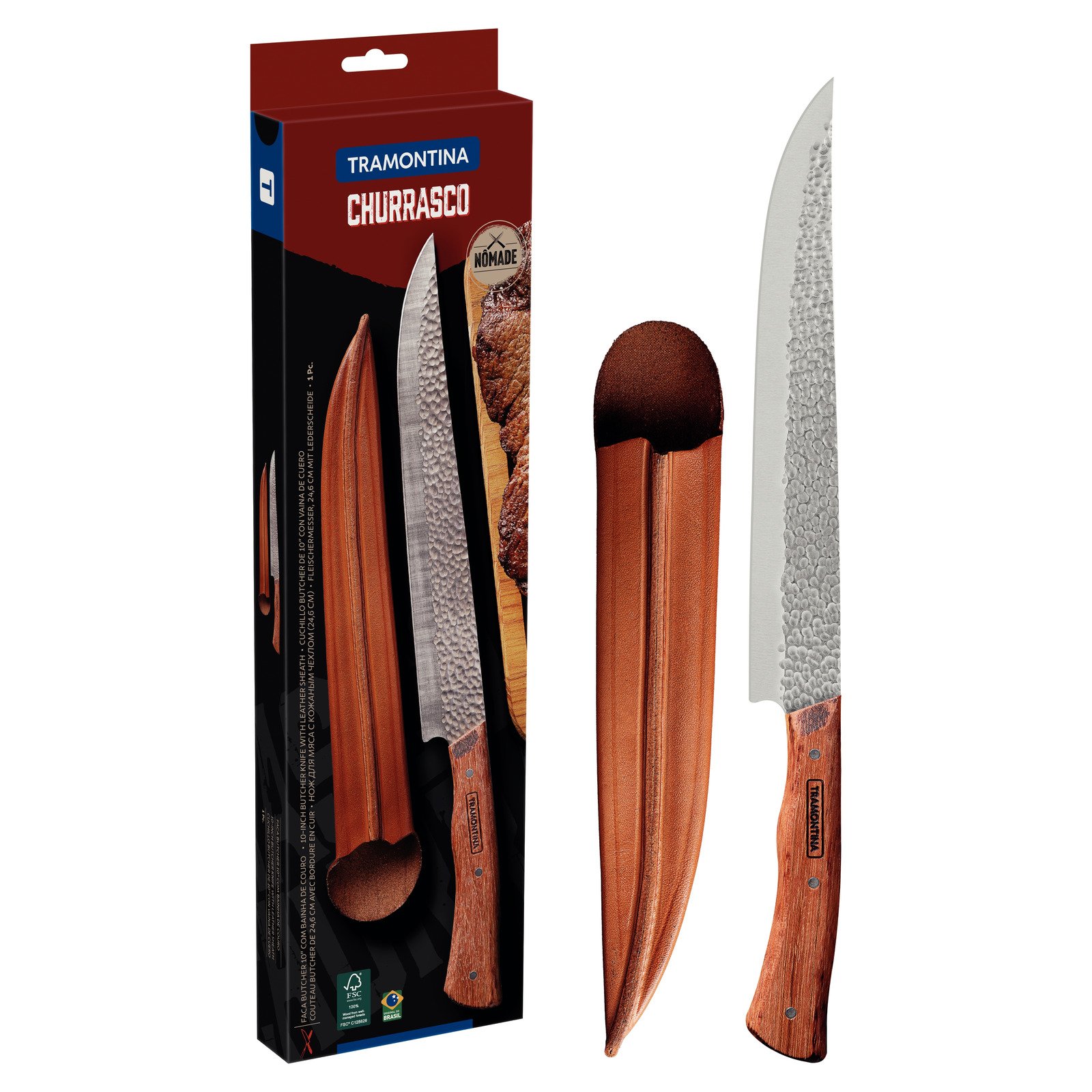 Tramontina N?made butcher knife with stainless steel blade, wooden handle and leather sheath, 10"