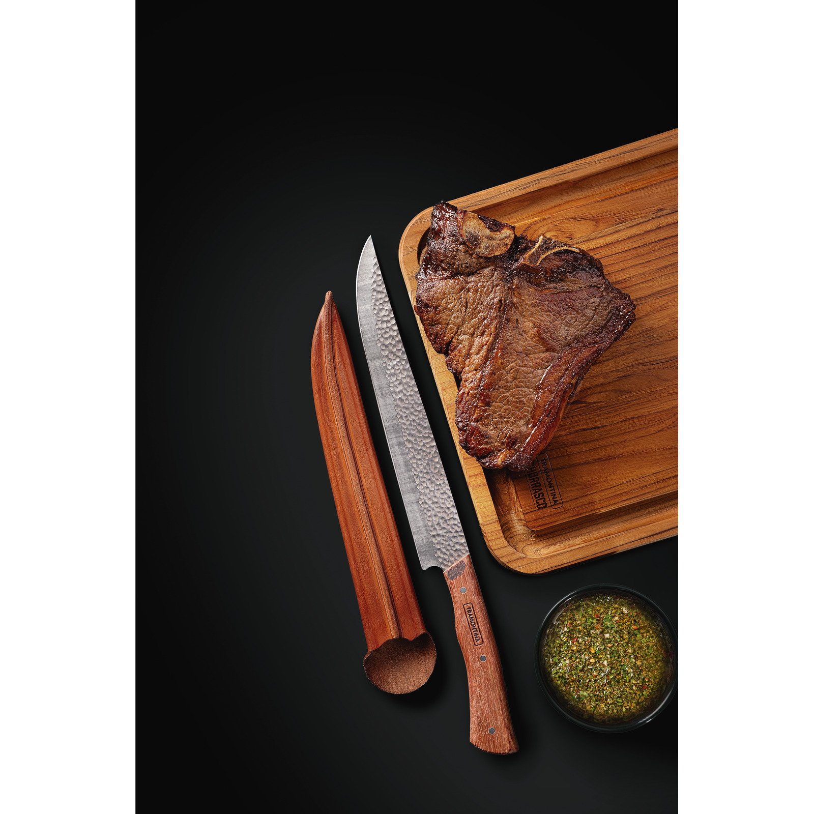 Tramontina N?made butcher knife with stainless steel blade, wooden handle and leather sheath, 10"