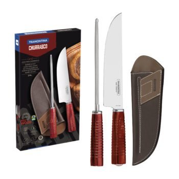 Tramontina knife set with stainless steel blades and red Polywood treated wood handles with sharpening steel, 2 pieces