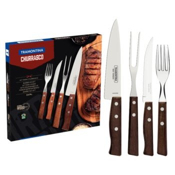 Tramontina 14-piece barbecue cutlery set with stainless steel blades and natural wood handles