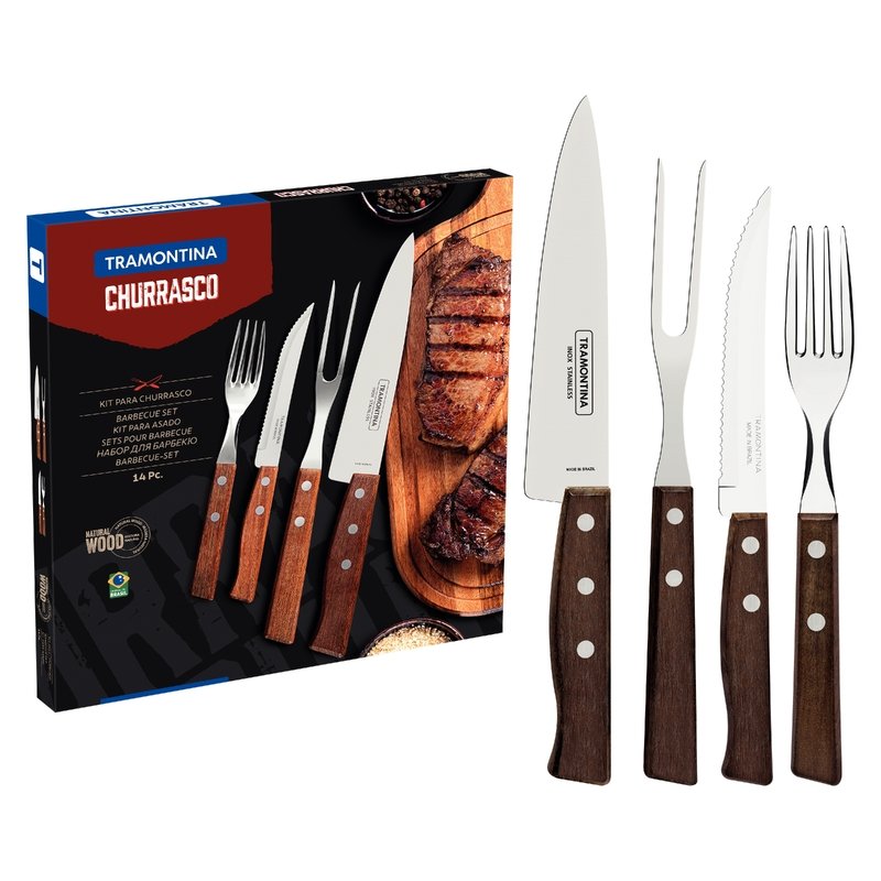 Tramontina 14-piece barbecue cutlery set with stainless steel blades and natural wood handles