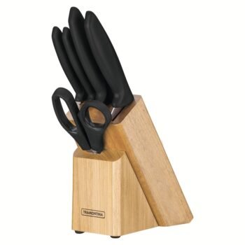 Tramontina Plenus knife set with stainless steel blades, black polypropylene handles, and wooden stand, 6 pieces