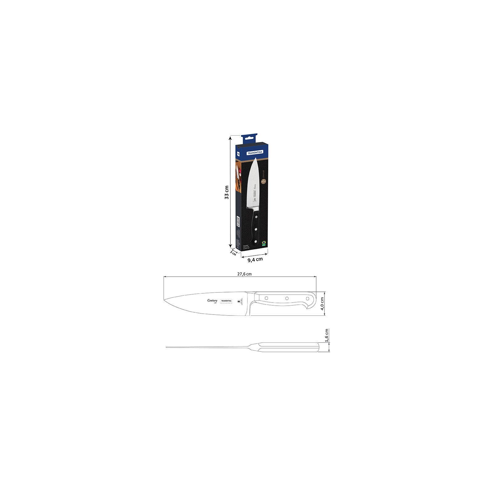 Tramontina Century Chef's Knife with Stainless Steel Blade and Polycarbonate and Fiberglass Handle, 6"